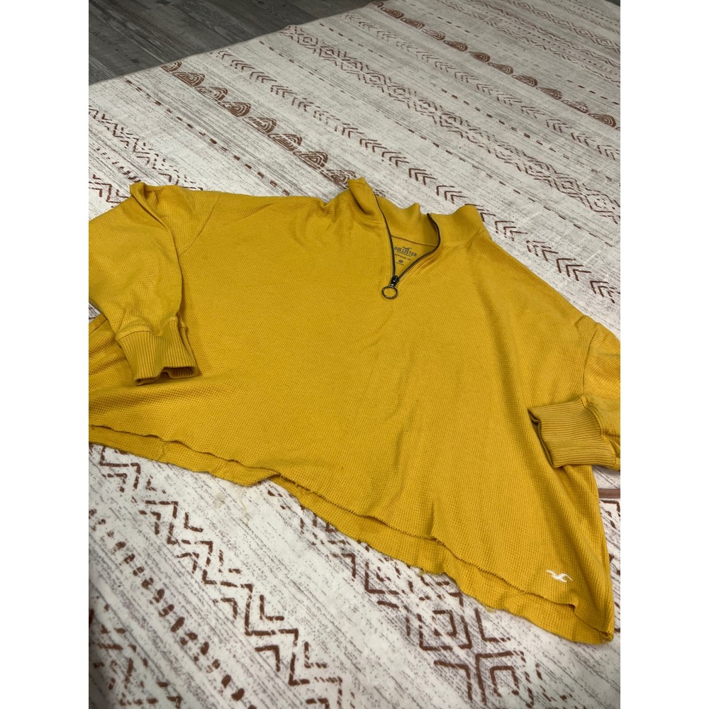 Hollister Yellow Waffle Knit Cropped Quarter Zip Long‎ Sleeve Tee Shirt Large